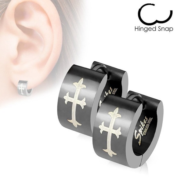 NWOT 316L Stainless Steel Black Hinged Hoop Earring‎ with Gothic Medieval Cross - Picture 1 of 1